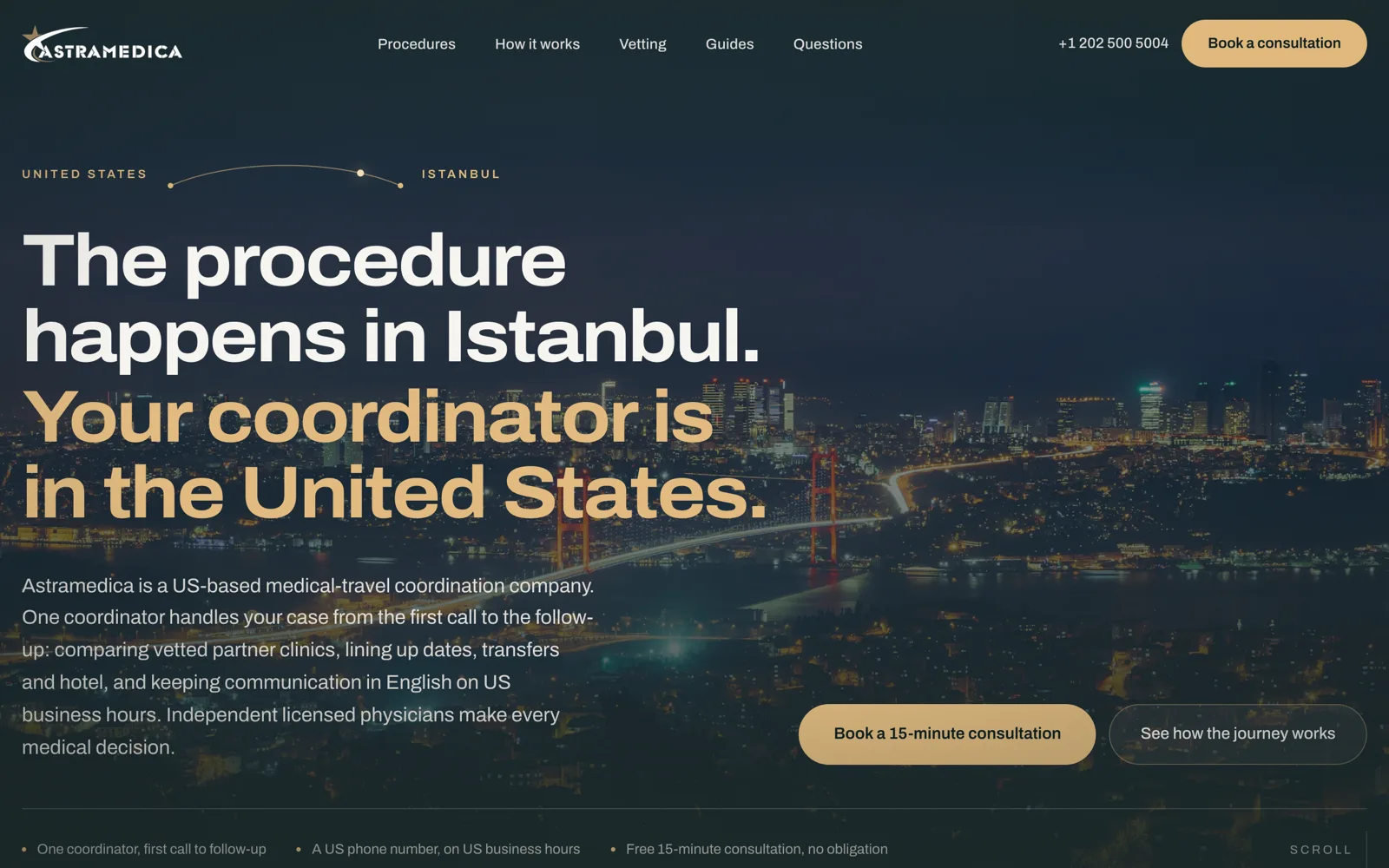 Home page of astramedica.com: the headline The procedure happens in Istanbul. Your coordinator is in the United States. over a night photo of the Istanbul skyline, with a button to book a 15-minute consultation.