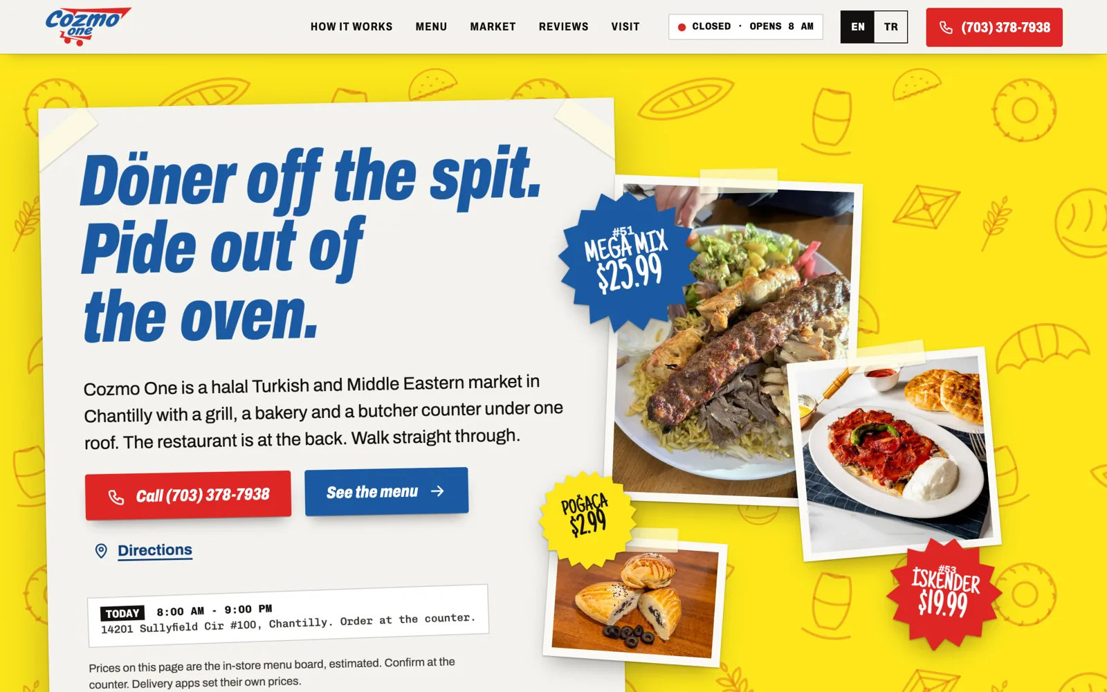 Concept home page for Cozmo One: the headline Döner off the spit. Pide out of the oven. on a yellow wall of bread prints beside photos of a mixed grill and pastries with price tags.