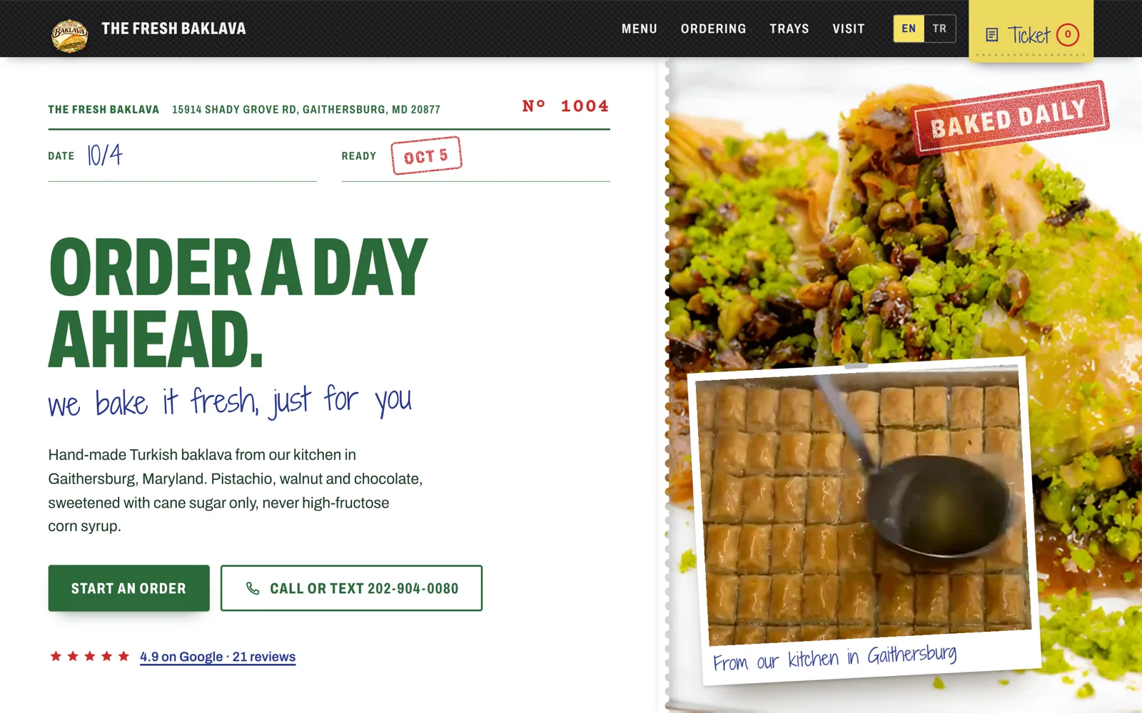 Concept home page for The Fresh Baklava: the headline Order a day ahead on an order-pad form beside a close photo of pistachio baklava.