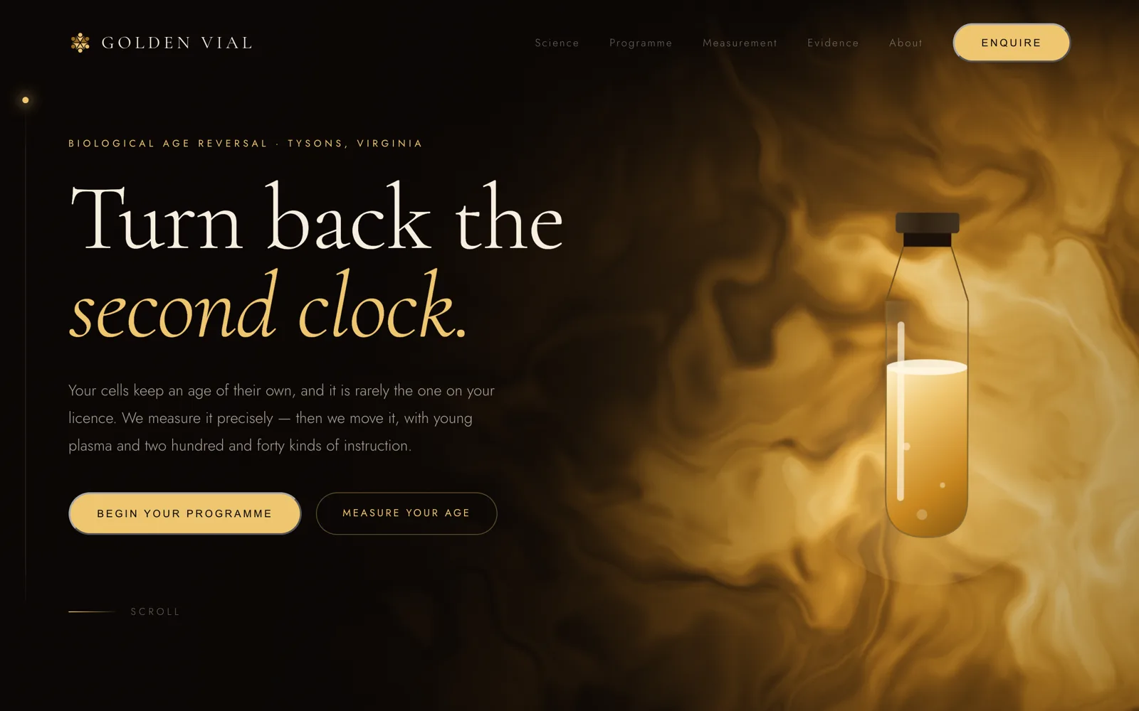 Home page of goldenvial.us: the headline Turn back the second clock. in white and gold serif type on a near-black field, beside a glowing glass vial in swirling gold, with a gold Begin your programme button.