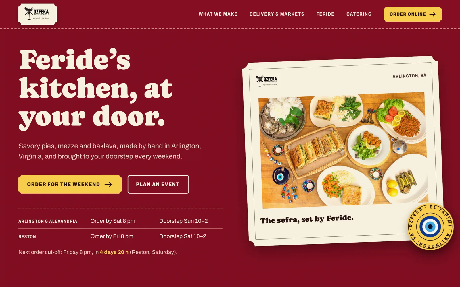 Concept home page for Ozfeka Catering: the headline Feride's kitchen, at your door. on a deep red field beside a photo of a table of Turkish dishes.