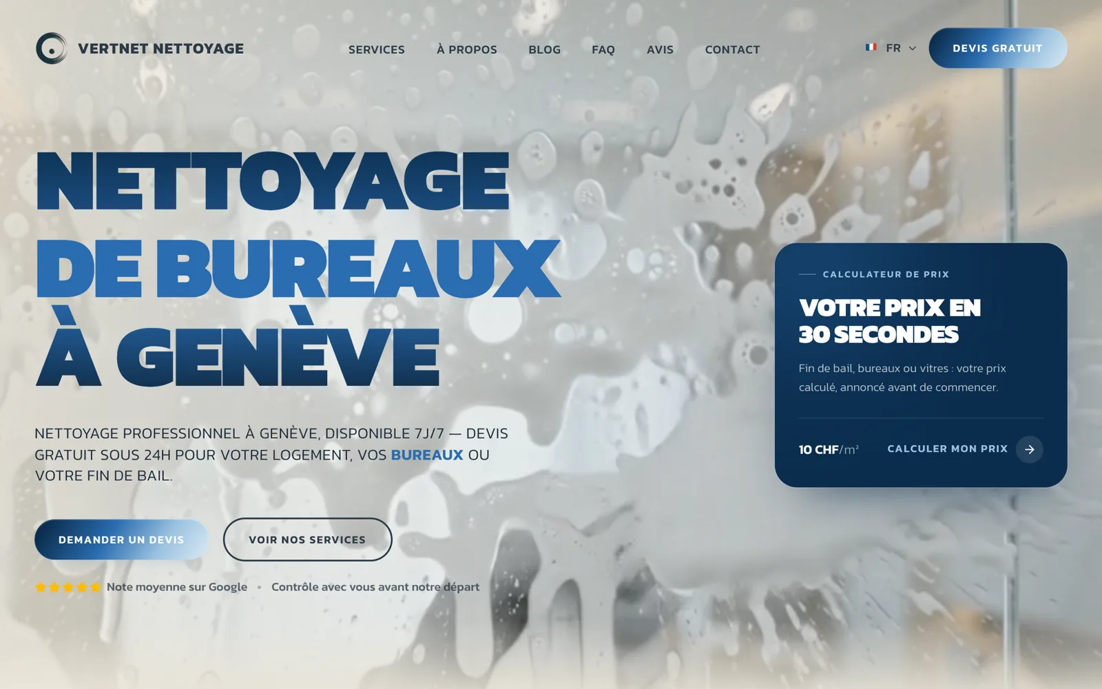 Home page of vertnetgeneve.ch: the headline Nettoyage de bureaux à Genève over a photo of a gloved hand wiping a window, a button asking for a free quote and a card about a 30-second price calculator.